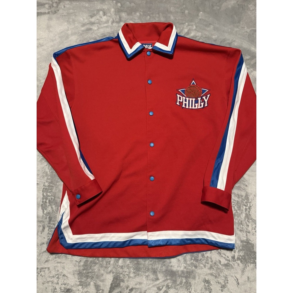 DELF Basketball Jacket Mens Large Red Philly 76ers Vintage Snap Button Varsity